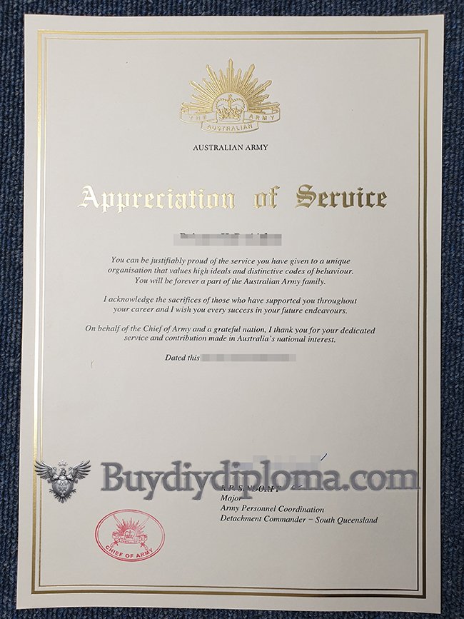 The Novelty document of Appreciation of service from the Australian army sample