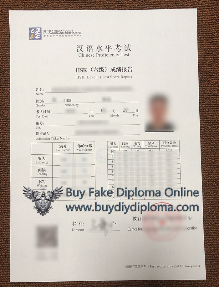 HSK (Level 6) Test Score Report, HSK (Level 6) Academic record sample
