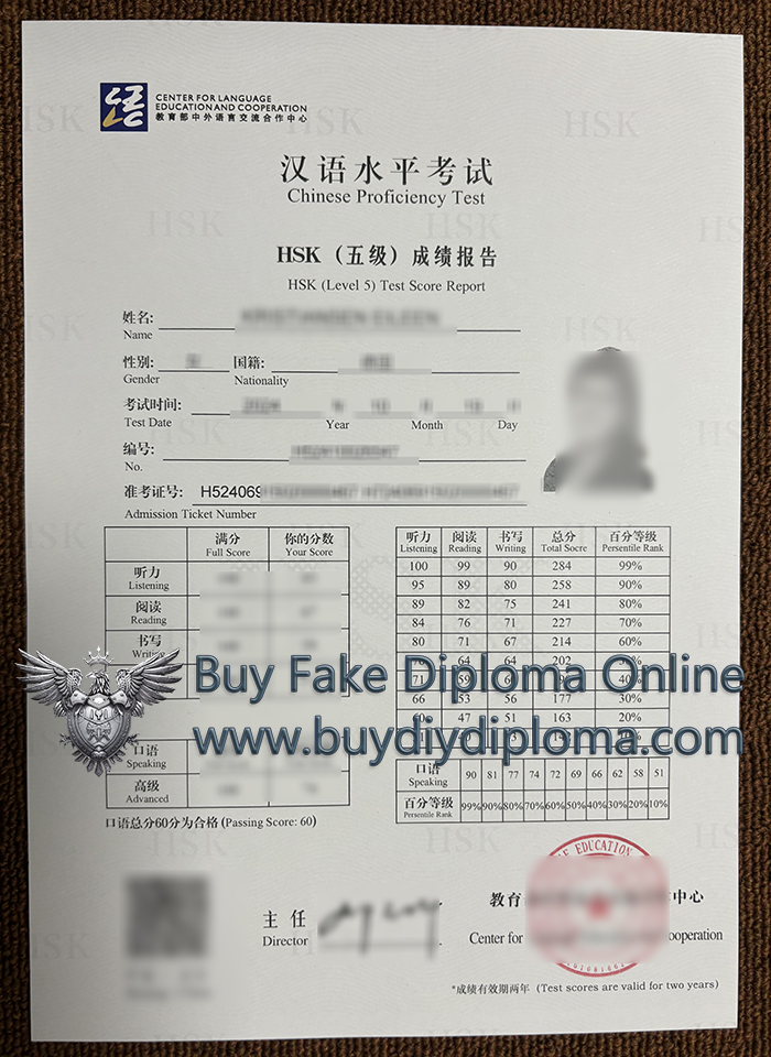 HSK level 5 test Score Report sample