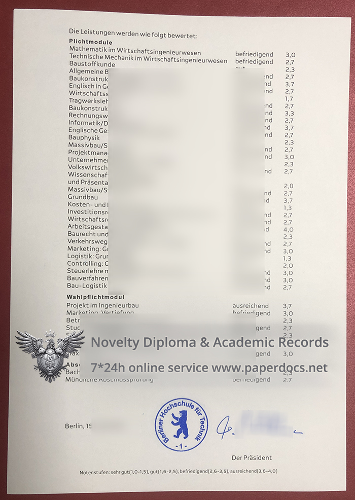 Berliner Hochschule für Technik Zeugnis sample